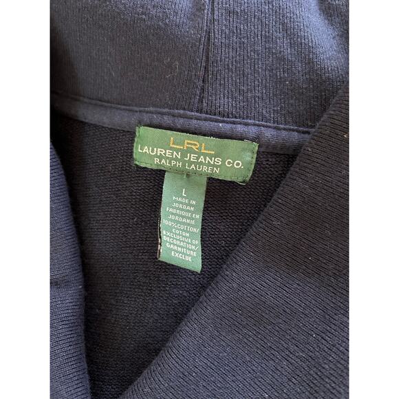 LRL Lauren Jean Co Faux Wrap Dress Navy Blue Heavy 100% Cotton Sz L Shawl Collar - Picture 3 of 10